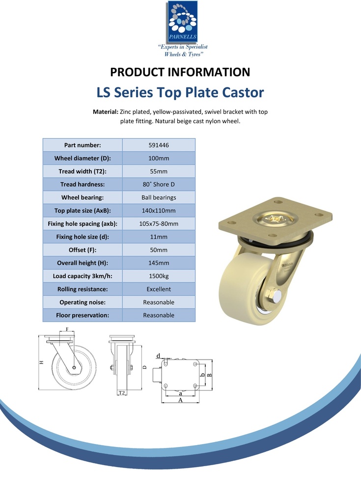 LS series 100mm swivel top plate 140x110mm castor with cast nylon ball bearing wheel 1500kg - Spec sheet