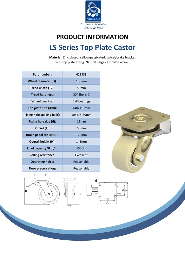 LS series 100mm swivel/brake top plate 140x110mm castor with cast nylon ball bearing wheel 1500kg - Spec sheet