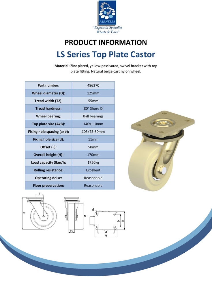 LS series 125mm swivel top plate 140x110mm castor with cast nylon ball bearing wheel 1750kg - Spec sheet