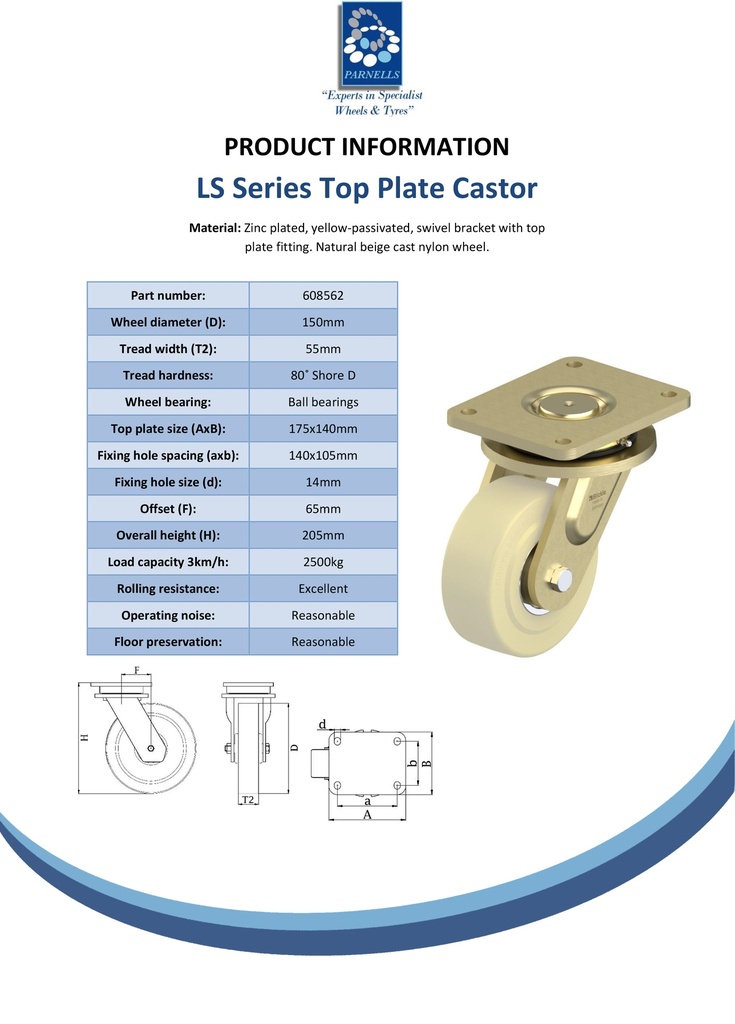 LS series 150mm swivel top plate 175x140mm castor with cast nylon ball bearing wheel 2500kg - Spec sheet