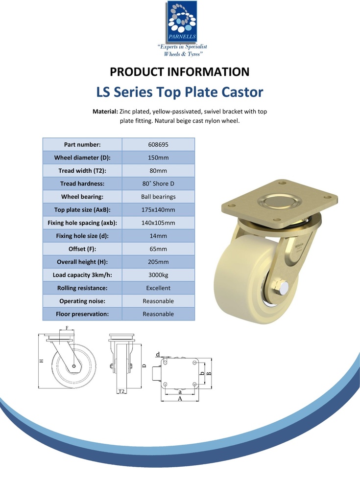 LS series 150mm swivel top plate 175x140mm castor with cast nylon ball bearing wheel 3000kg - Spec sheet