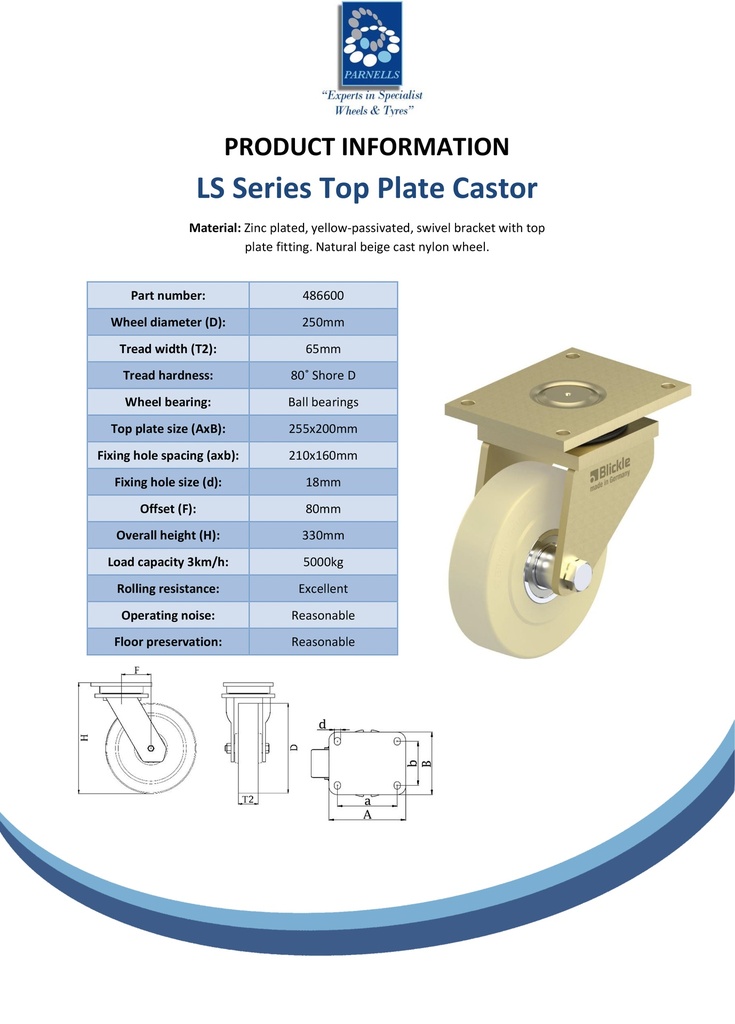 LS series 250mm swivel top plate 255x200mm castor with cast nylon ball bearing wheel 5000kg - Spec sheet