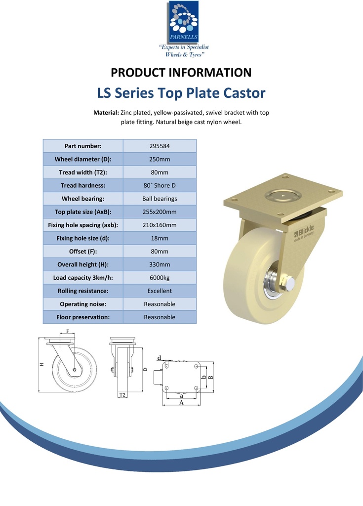 LS series 250mm swivel top plate 255x200mm castor with cast nylon ball bearing wheel 6000kg - Spec sheet