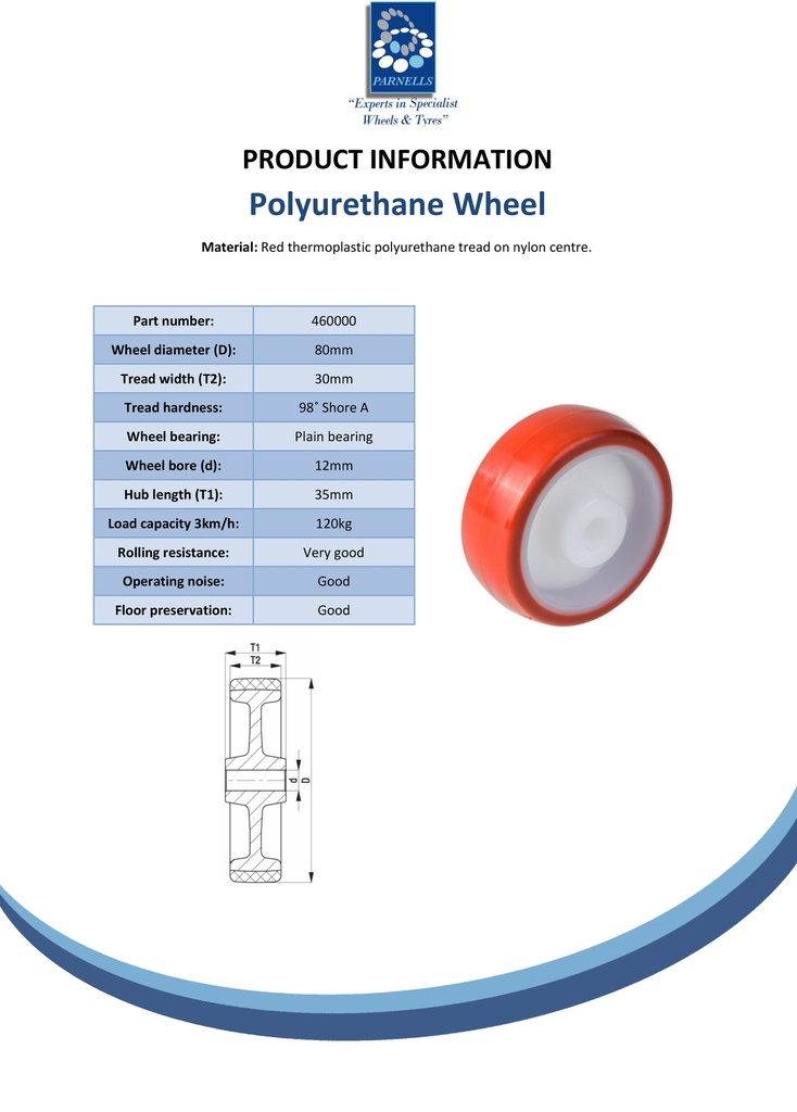 Wheel series 80mm polyurethane on nylon centre 12mm bore hub length 35mm plain bearing 120kg - Spec sheet