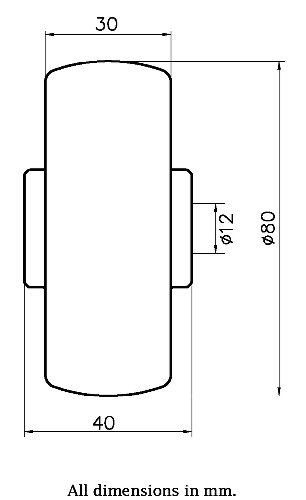Wheel series 80mm polyurethane on nylon centre 12mm bore hub length 40mm roller bearing 120kg - Wheel dimensions
