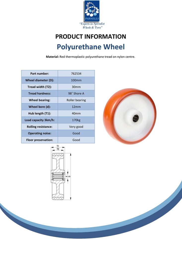 Wheel series 100mm polyurethane on nylon centre 12mm bore hub length 40mm roller bearing 170kg - Spec sheet