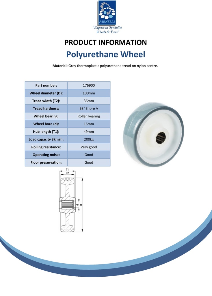 Wheel series 100mm polyurethane on nylon centre 15mm bore hub length 49mm roller bearing - Spec sheet