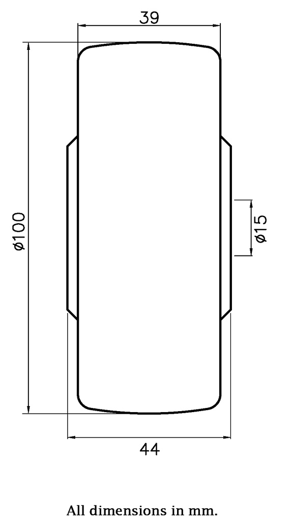 Wheel series 100mm polyurethane on nylon centre 15mm bore hub length 44mm plain bearing 300kg - Wheel dimensions