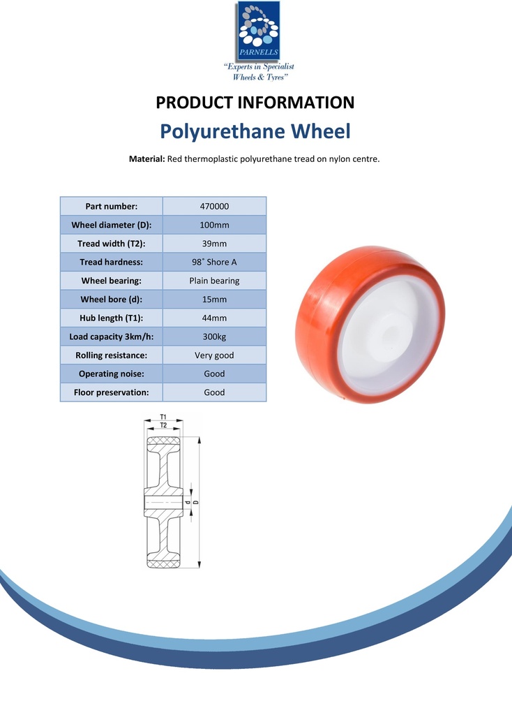 Wheel series 100mm polyurethane on nylon centre 15mm bore hub length 44mm plain bearing 300kg - Spec sheet