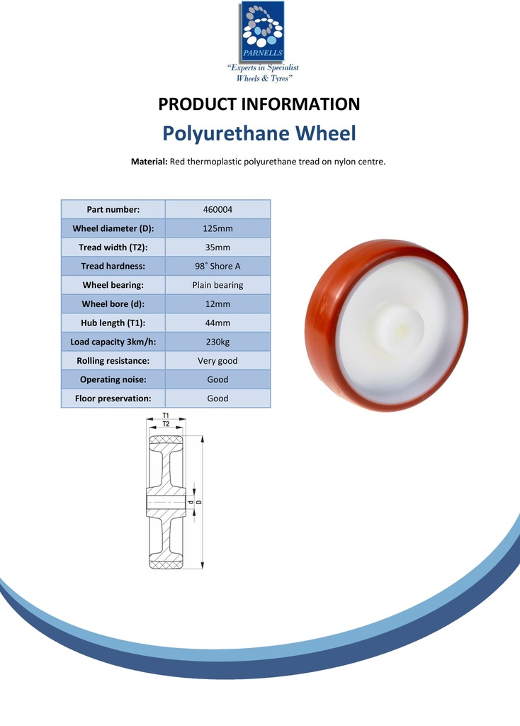 Wheel series 125mm polyurethane on nylon centre 12mm bore hub length 44mm plain bearing 230kg - Spec sheet