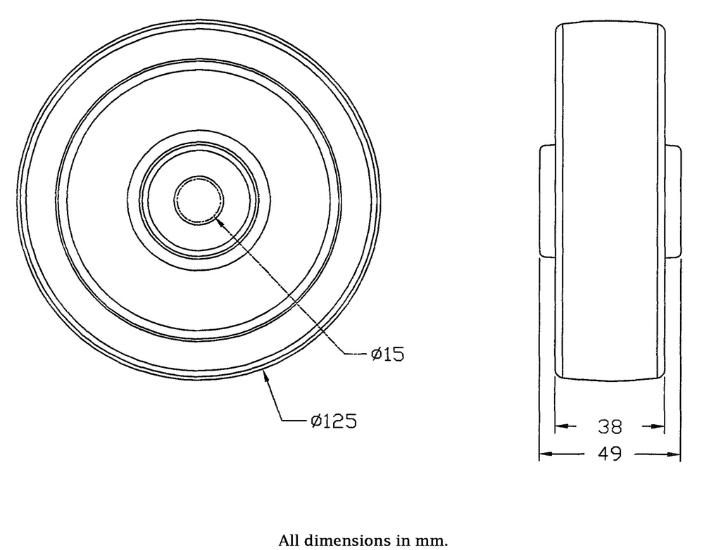 Wheel series 125mm polyurethane on nylon centre 15mm bore hub length 49mm roller bearing 280kg - Wheel drawing