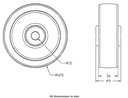 Wheel series 125mm polyurethane on nylon centre 15mm bore hub length 49mm roller bearing 280kg - Wheel drawing