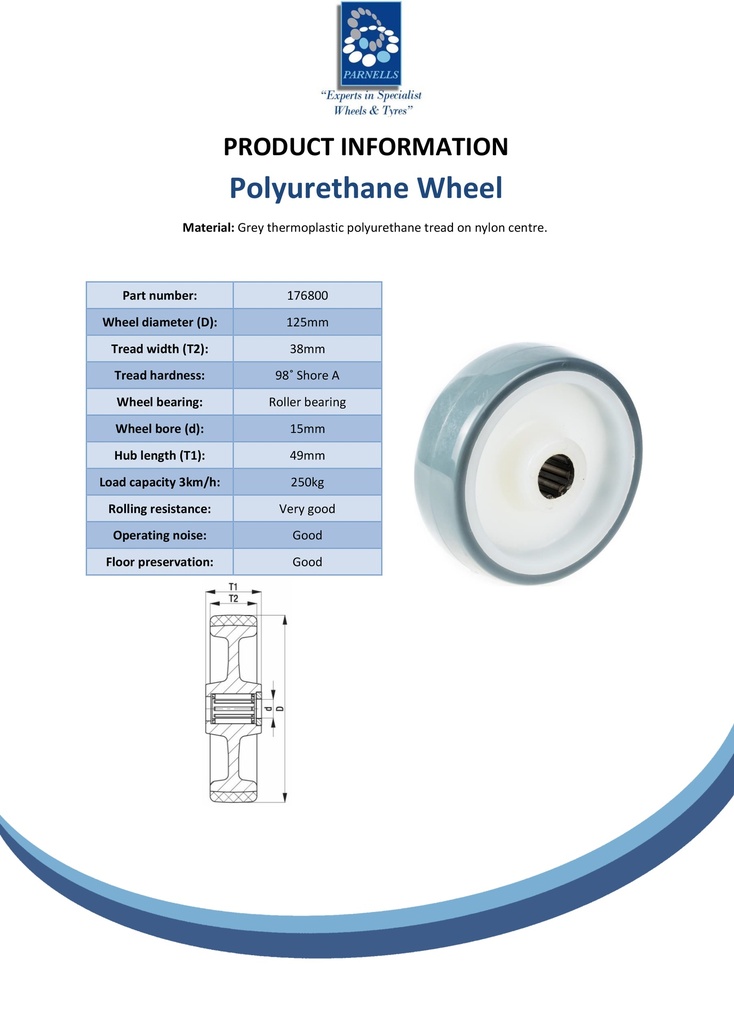 Wheel series 125mm polyurethane on nylon centre 15mm bore hub length 49mm roller bearing 280kg - Spec sheet