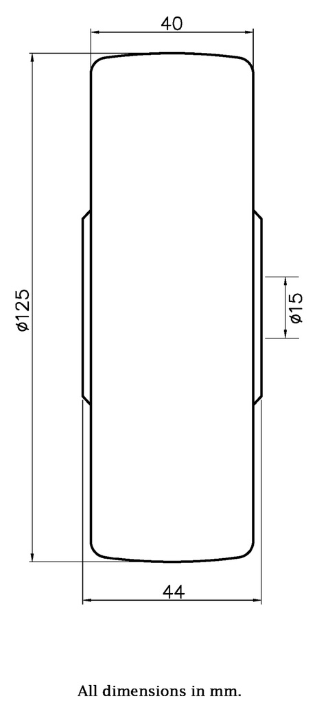 Wheel series 125mm polyurethane on nylon centre 15mm bore hub length 44mm plain bearing 400kg - Wheel dimensions