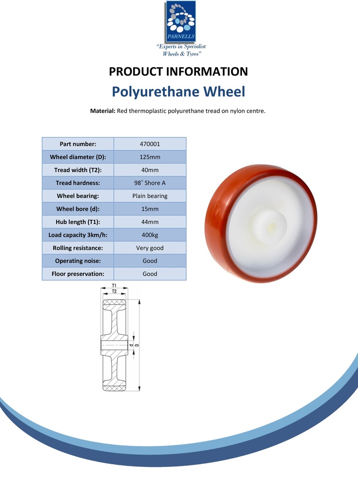 Wheel series 125mm polyurethane on nylon centre 15mm bore hub length 44mm plain bearing 400kg - Spec sheet