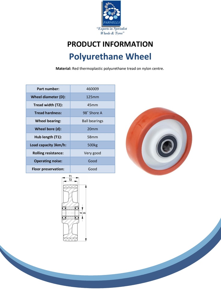 Wheel series 125mm polyurethane on nylon centre 20mm bore hub length 58mm ball bearing 500kg - Spec sheet