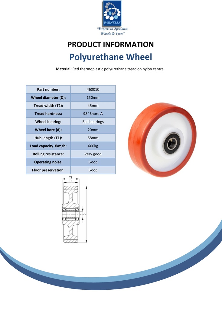 Wheel series 150mm polyurethane on nylon centre 20mm bore hub length 58mm ball bearing 600kg - Spec sheet