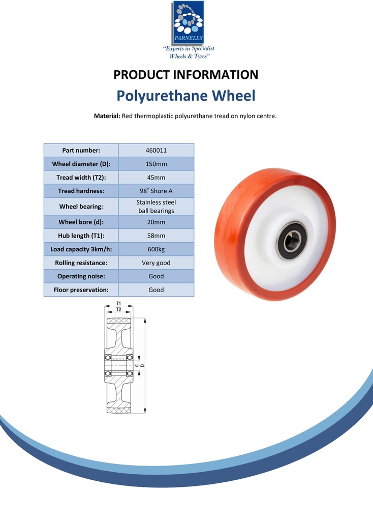 Wheel series 150mm polyurethane on nylon centre 20mm bore hub length 58mm stainless steel ball bearing 600kg - Spec sheet