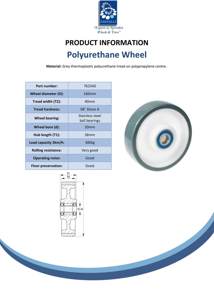 Wheel series 160mm polyurethane on polypropylene centre 20mm bore hub length 58mm stainless steel ball bearing 300kg - Spec sheet