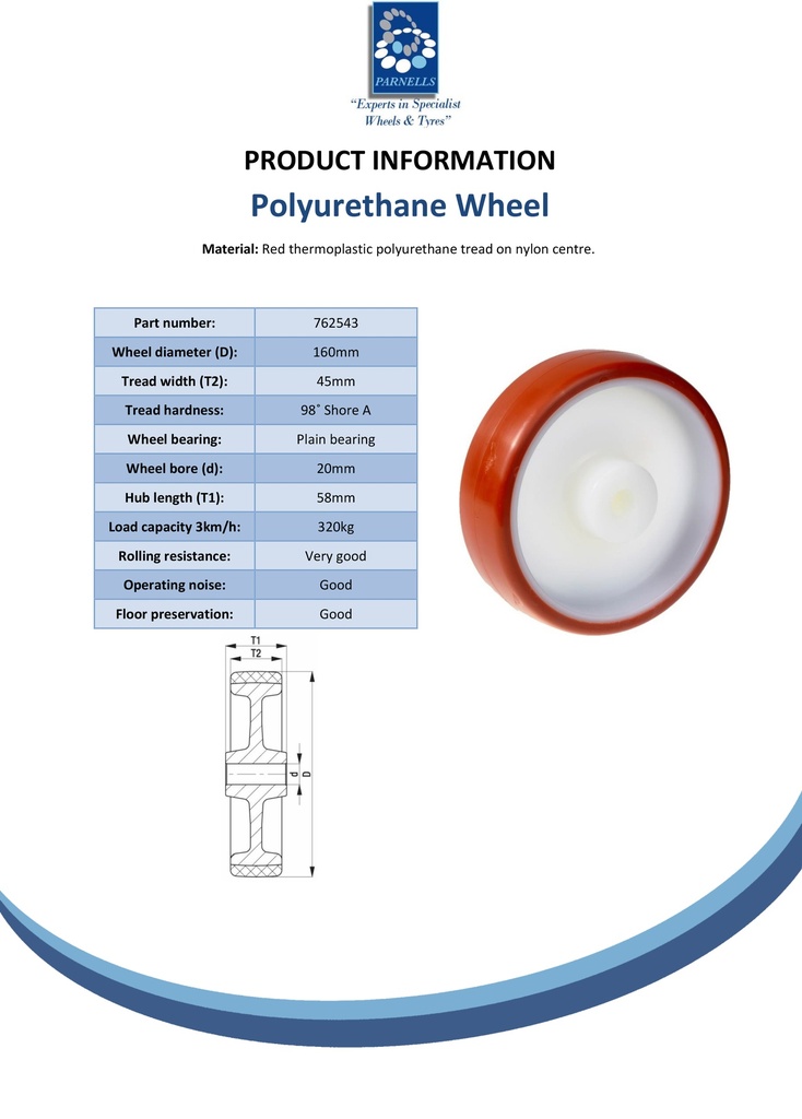 Wheel series 160mm polyurethane on nylon centre 20mm bore hub length 58mm plain bearing 320kg - Spec sheet