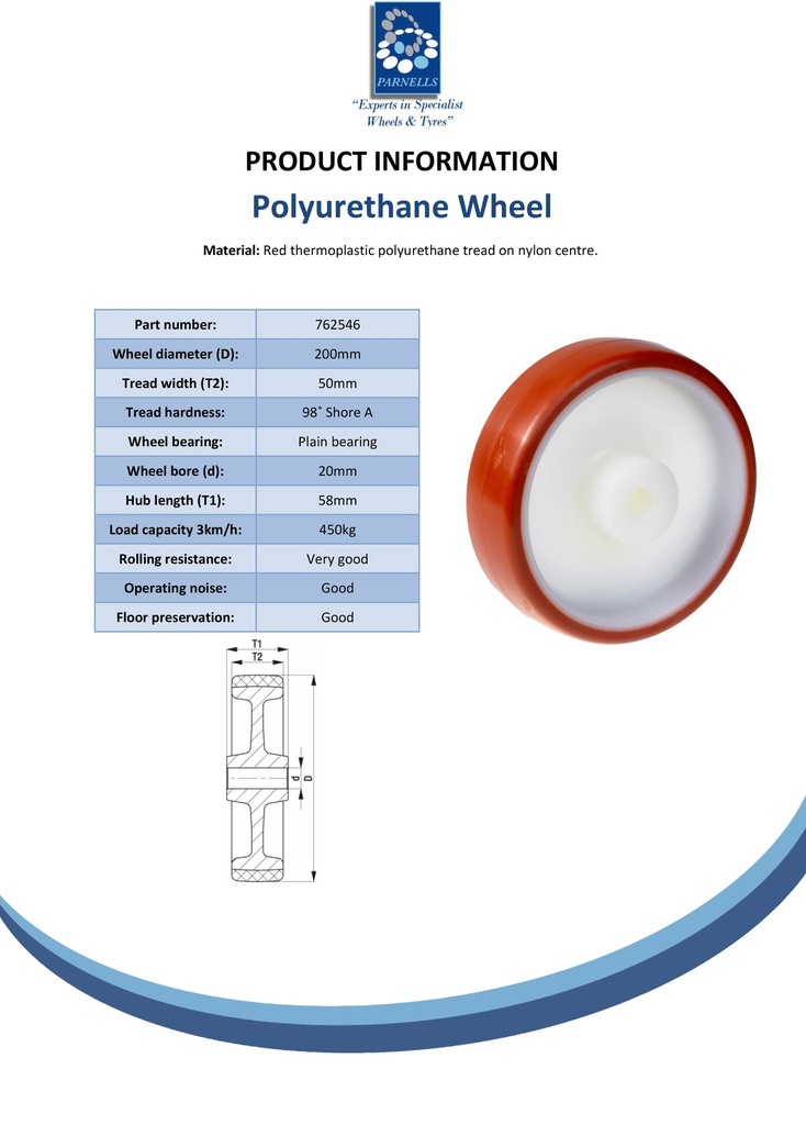 Wheel series 200mm polyurethane on nylon centre 20mm bore hub length 58mm plain bearing 450kg - Spec sheet