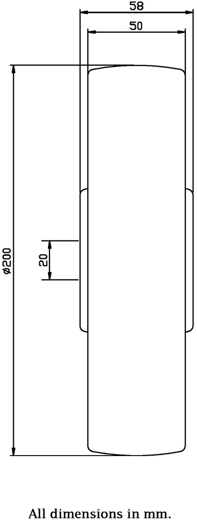 Wheel series 200mm polyurethane on polypropylene centre 20mm bore hub length 58mm ball bearing 400kg - Wheel dimensions