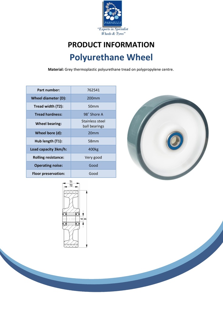 Wheel series 200mm polyurethane on polypropylene centre 20mm bore hub length 58mm stainless steel ball bearing 400kg - Spec sheet