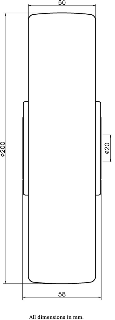 Wheel series 200mm polyurethane on nylon centre 20mm bore hub length 58mm ball bearing 750kg - Wheel dimensions