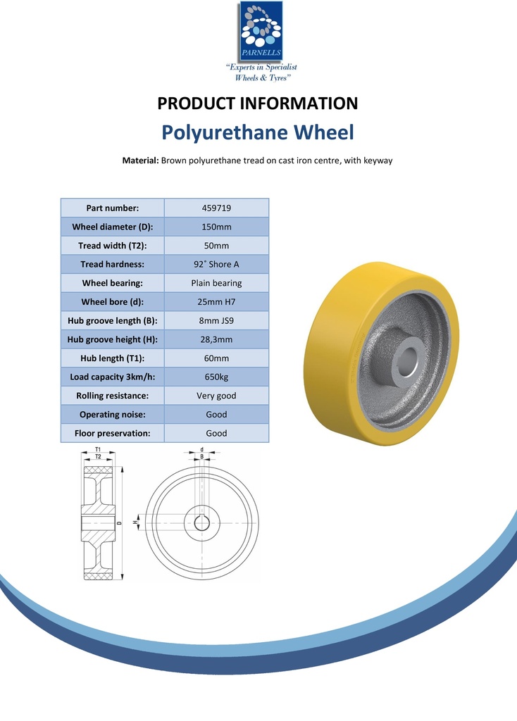 Wheel series 150mm polyurethane on cast iron centre bore 25mm H7 hub length 60mm plain bearing with keyway 8x3.3mm 650kg - Spec sheet