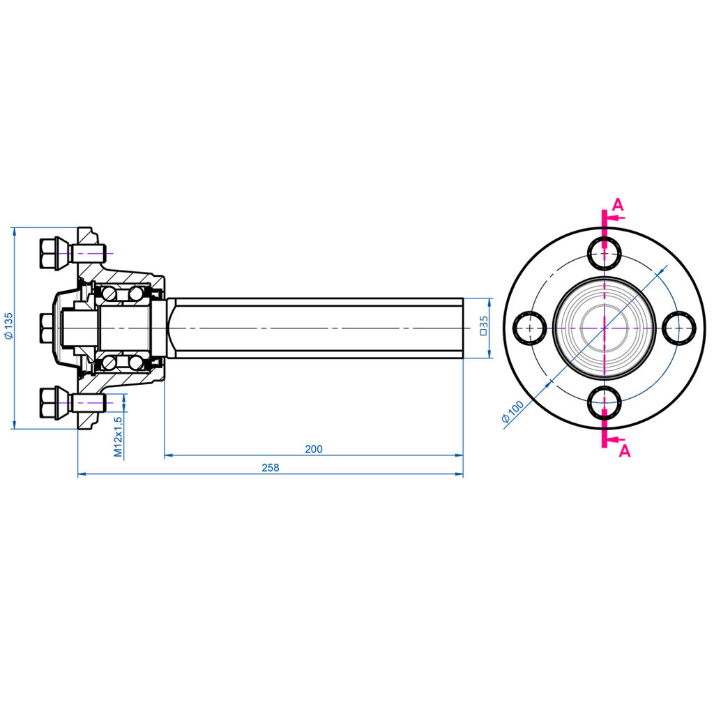 Hub/stub axle 35x35mm drawing with Dimensions