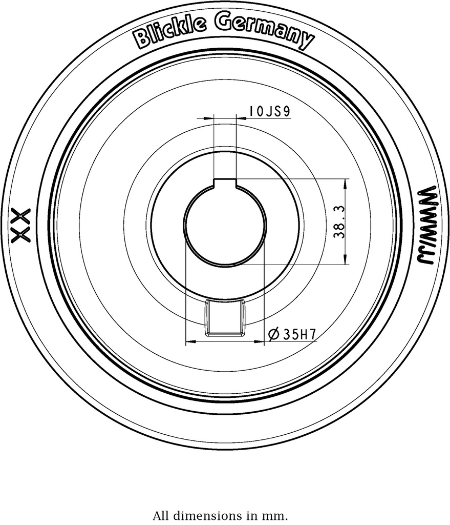 Wheel series 200mm polyurethane on cast iron centre bore 35mm H7 hub length 80mm plain bearing with keyway 10x3.3mm 1400kg - Keyway drawing