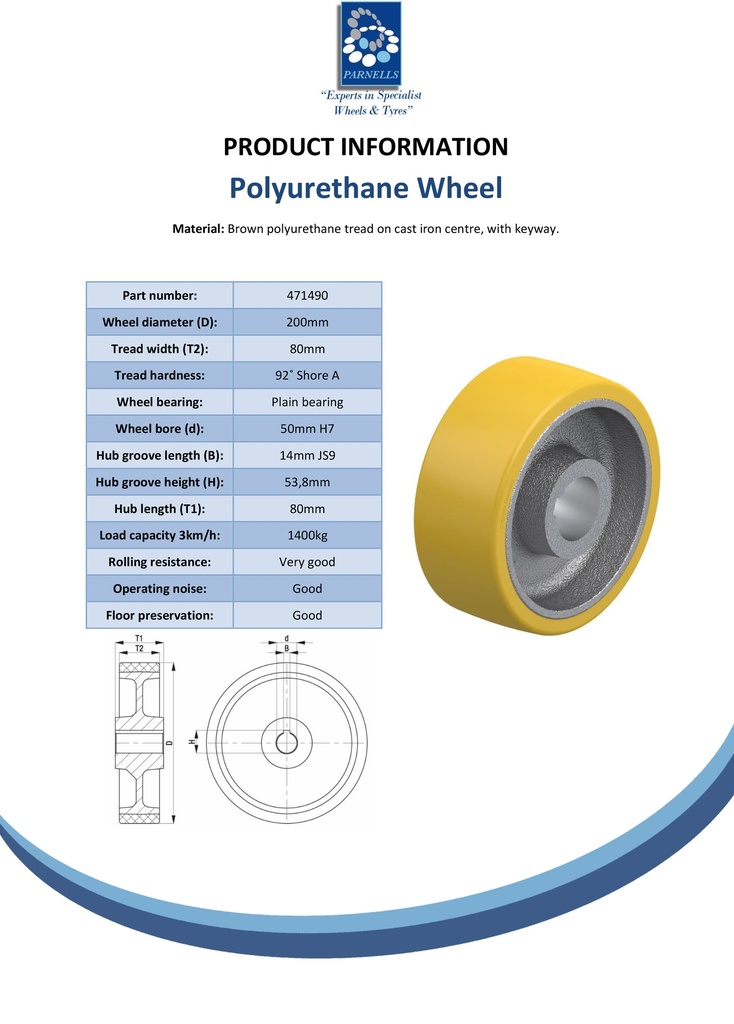 Wheel series 200mm polyurethane on cast iron centre bore 50mm H7 hub length 80mm plain bearing with keyway 14x3.8mm 1400kg - Spec sheet