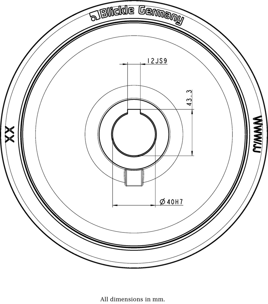 Wheel series 250mm polyurethane on cast iron centre bore 40mm H7 hub length 60mm plain bearing with keyway 12x3.3mm 1100kg - Keyway drawing