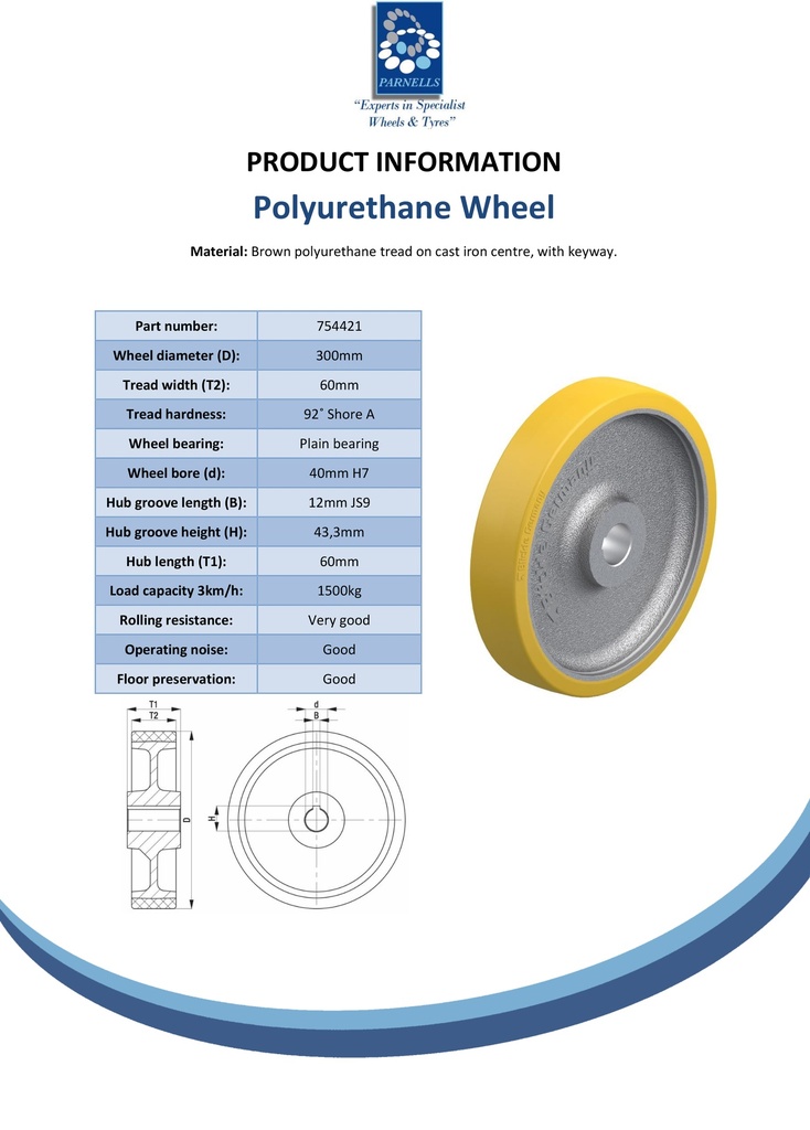 Wheel series 300mm polyurethane on cast iron centre bore 40mm H7 hub length 60mm plain bearing with keyway 12x3.3mm 1500kg - Spec sheet