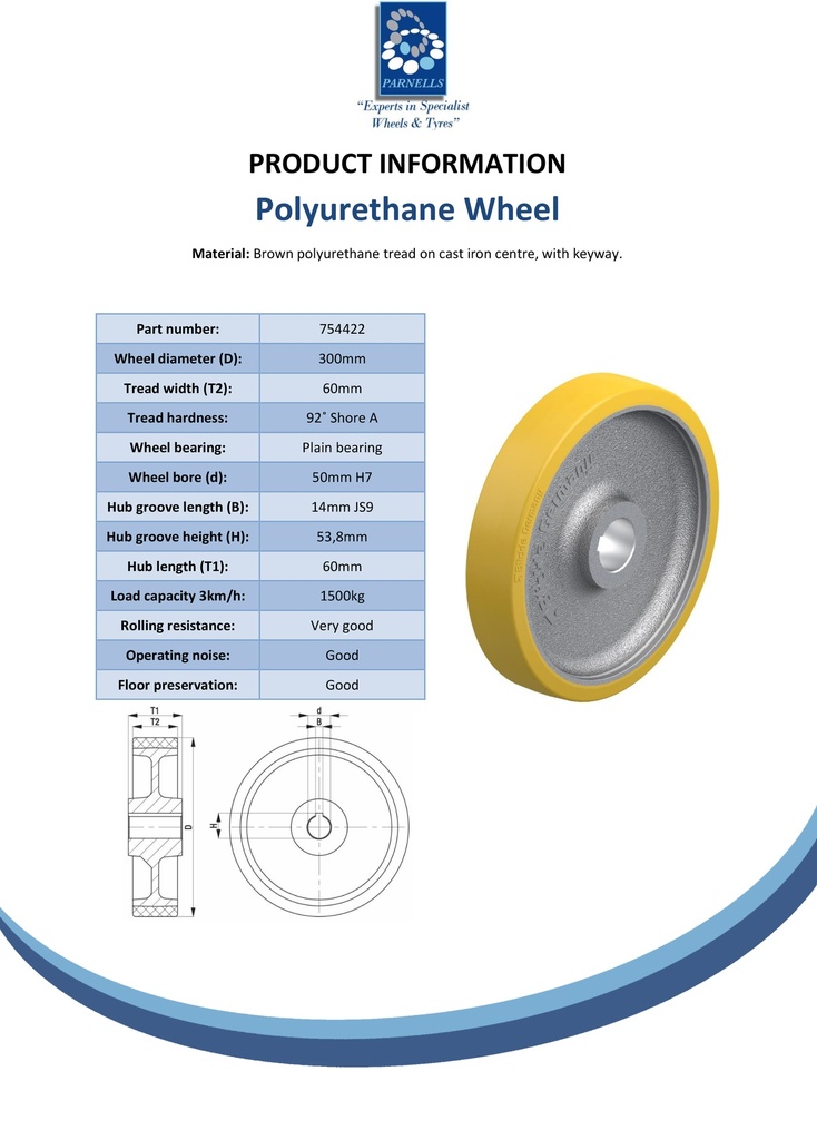 Wheel series 300mm polyurethane on cast iron centre bore 50mm H7 hub length 60mm plain bearing with keyway 14x3.8mm 1500kg - Spec sheet