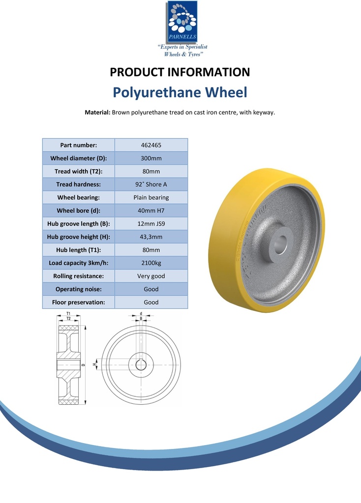 Wheel series 300mm polyurethane on cast iron centre bore 40mm H7 hub length 80mm plain bearing with keyway 12x3.3mm 2100kg - Spec sheet