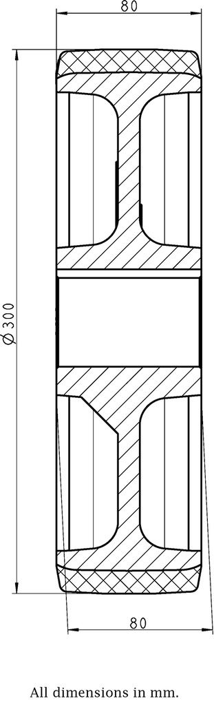 Wheel series 300mm polyurethane on cast iron centre bore 50mm H7 hub length 80mm plain bearing with keyway 12x3.3mm 2100kg - Wheel drawing