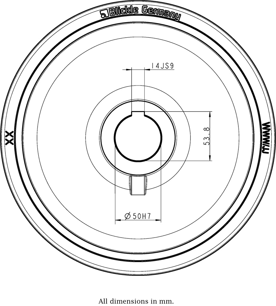 Wheel series 300mm polyurethane on cast iron centre bore 50mm H7 hub length 80mm plain bearing with keyway 12x3.3mm 2100kg - Keyway drawing