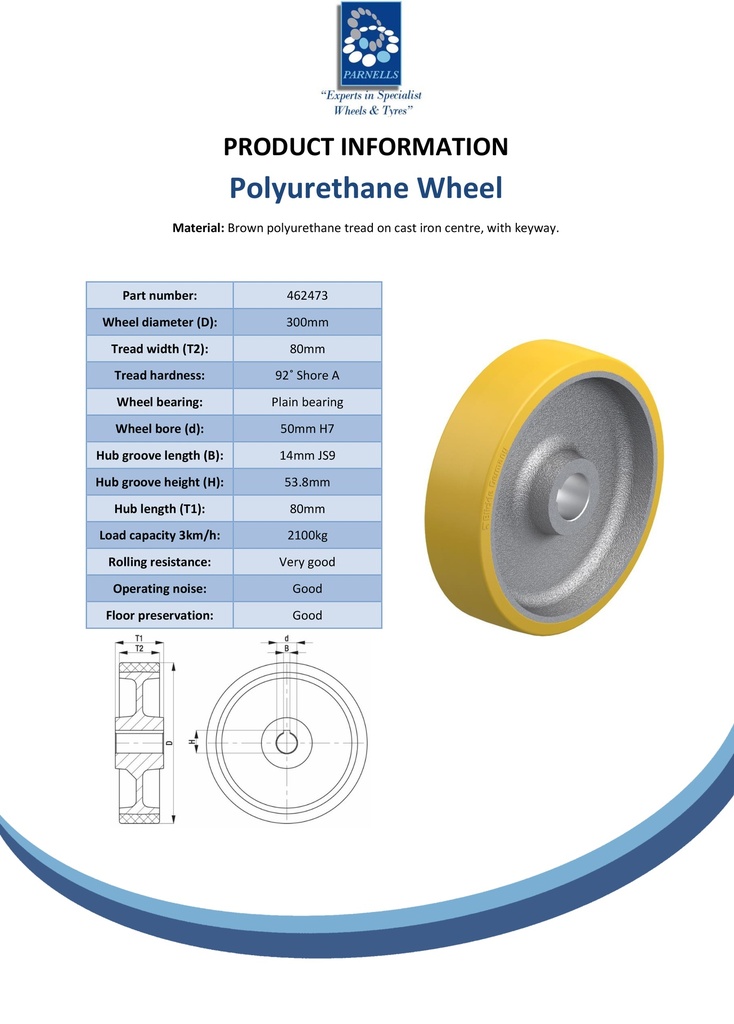 Wheel series 300mm polyurethane on cast iron centre bore 50mm H7 hub length 80mm plain bearing with keyway 12x3.3mm 2100kg - Spec sheet