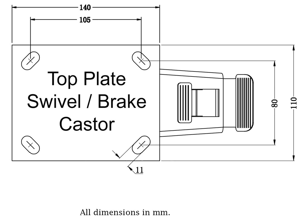 500 series 160mm swivel/brake top plate 140x110mm - Plate dimensions