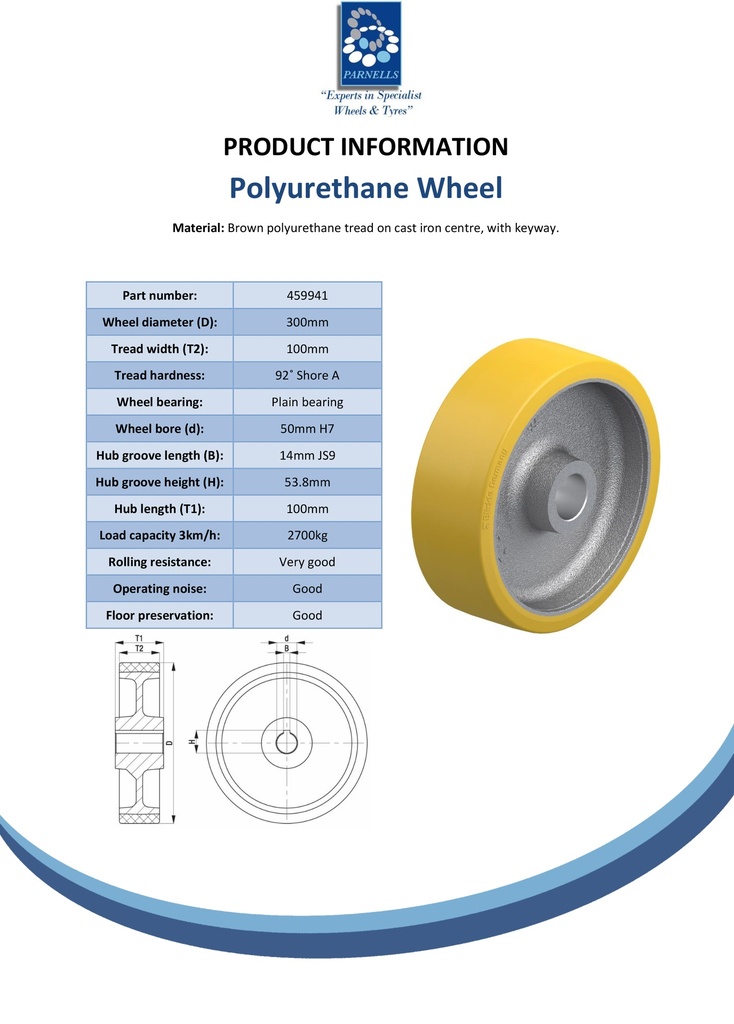 Wheel series 300mm polyurethane on cast iron centre bore 50mm H7 hub length 100mm plain bearing with keyway 14x3.8mm 2700kg - Spec sheet