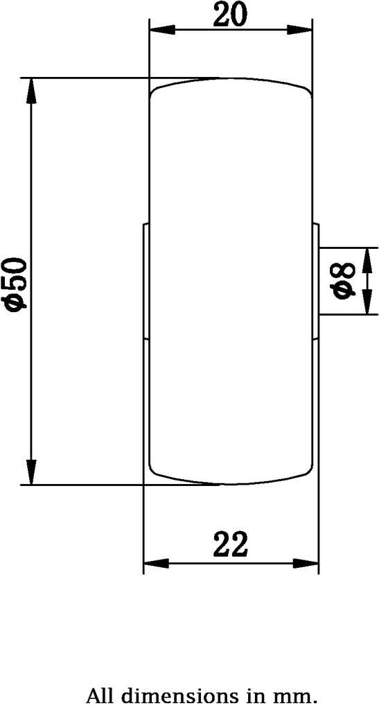 Wheel series 50mm nylon on polypropylene centre 8mm bore hub length 21,5mm plain bearing 50kg - Wheel dimensions