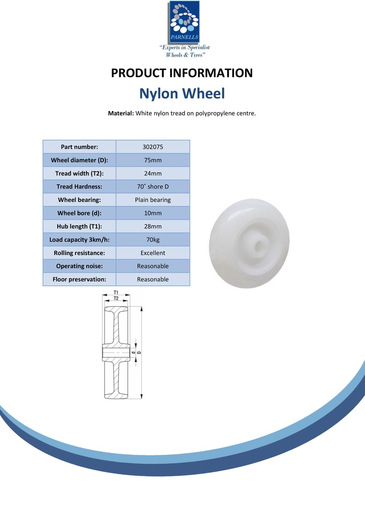 Wheel series 75mm nylon on polypropylene centre 10mm bore hub length 27,5mm plain bearing 70kg - Spec sheet