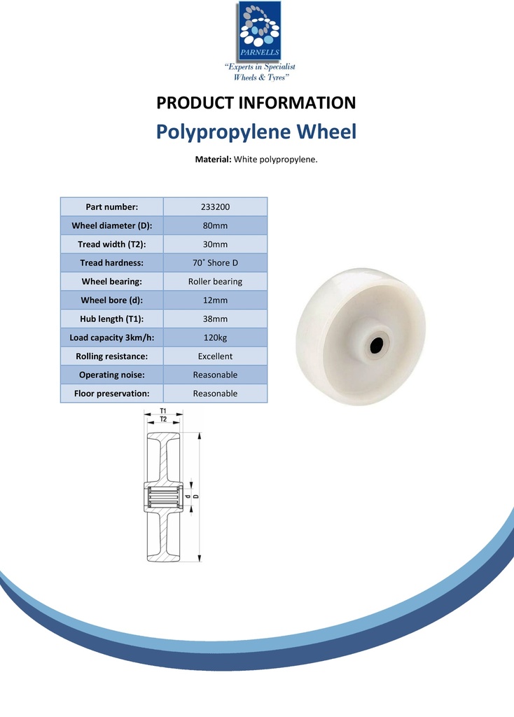 Wheel series 80mm polypropylene 12mm bore hub length 38mm roller bearing 120kg - Spec sheet