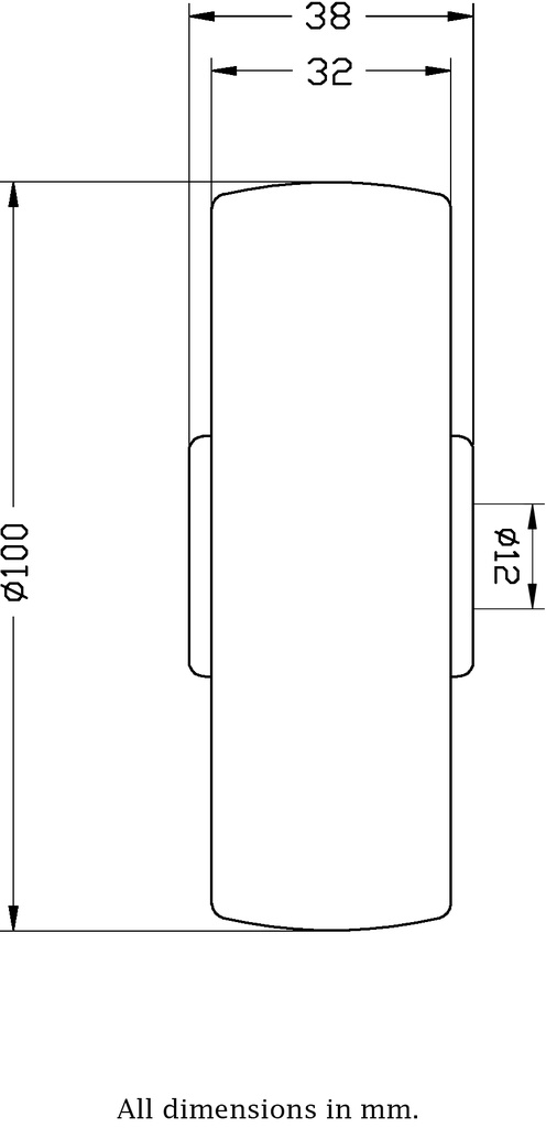 Wheel series 100mm polypropylene 12mm bore hub length 38mm roller bearing 150kg - Wheel dimensions