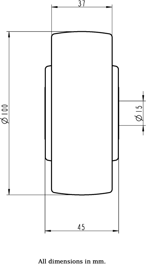 Wheel series 100mm heavy nylon 15mm ball bearing 45mm hub length 500kg - Wheel dimensions