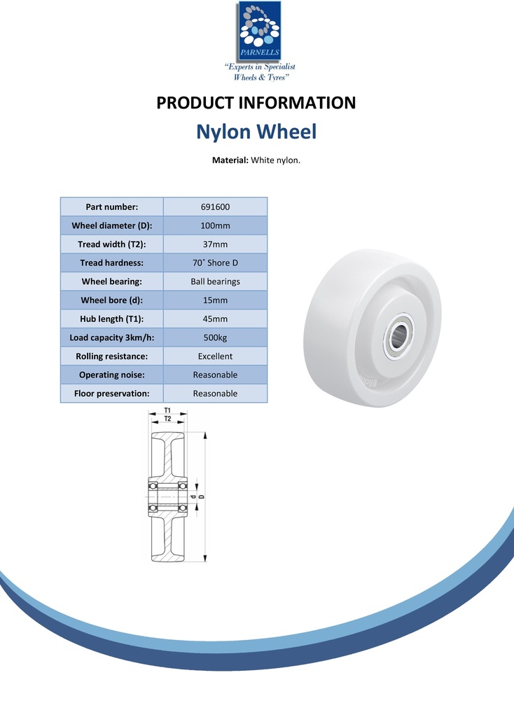 Wheel series 100mm heavy nylon 15mm ball bearing 45mm hub length 500kg - Spec sheet