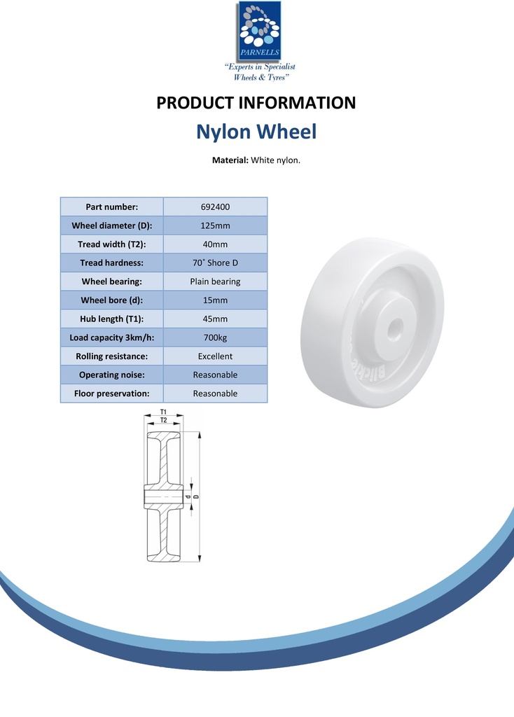 Wheel series 125mm nylon 15mm bore hub length 45mm plain bearing 700kg - Spec sheet