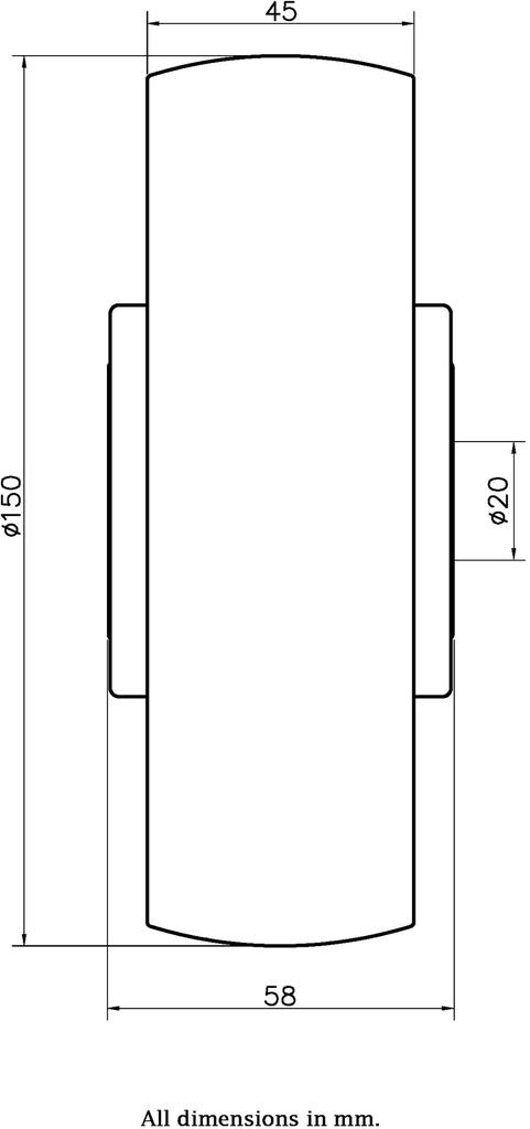 Wheel series 150mm nylon 20mm bore hub length 58mm stainless steel ball bearing 750kg - Wheel dimensions