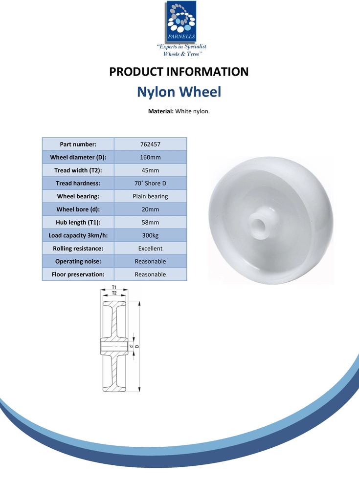 Wheel series 160mm nylon 20mm bore hub length 58mm plain bearing 300kg - Spec sheet